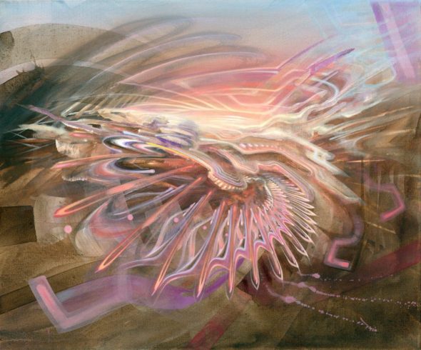 A transforming landscape. Highly dynamic psychedelic art painting by Dennis Konstantin Bax