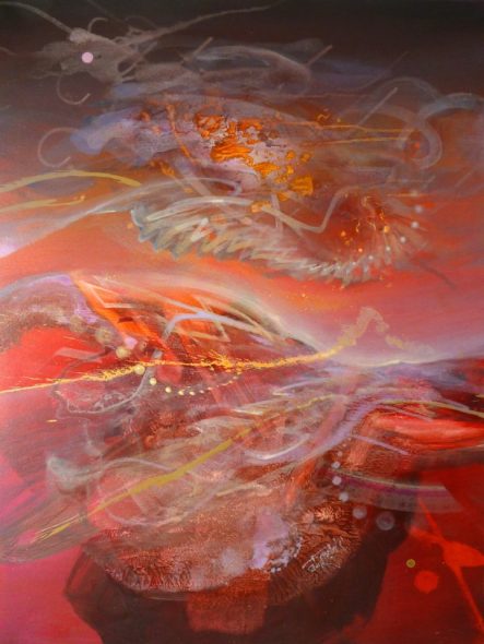 Red dynamic landscape. Fractal patterns painting