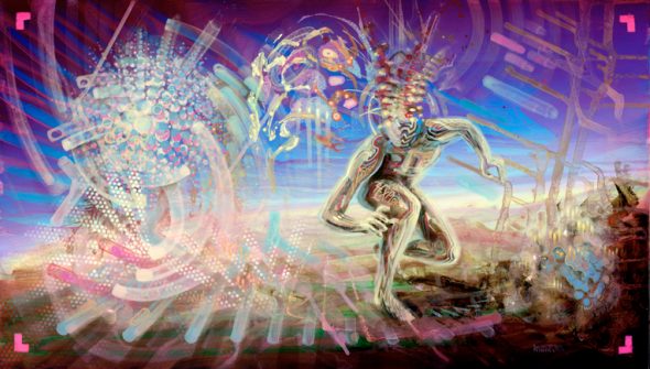 Explorer weird creature on a psychedelic art painting of Dennis Konstantin bax
