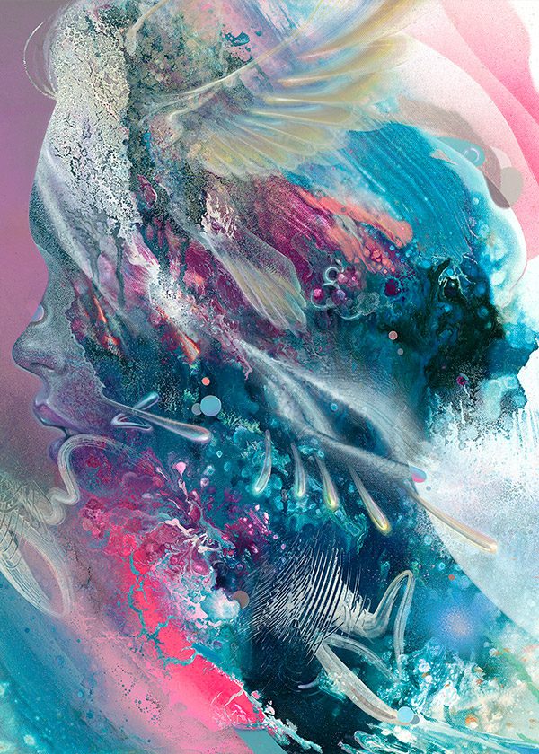 Detail of Psychedelic art print Abstract Portrait. Ayahuasca Abstrakte Malerei Kunstdruck.