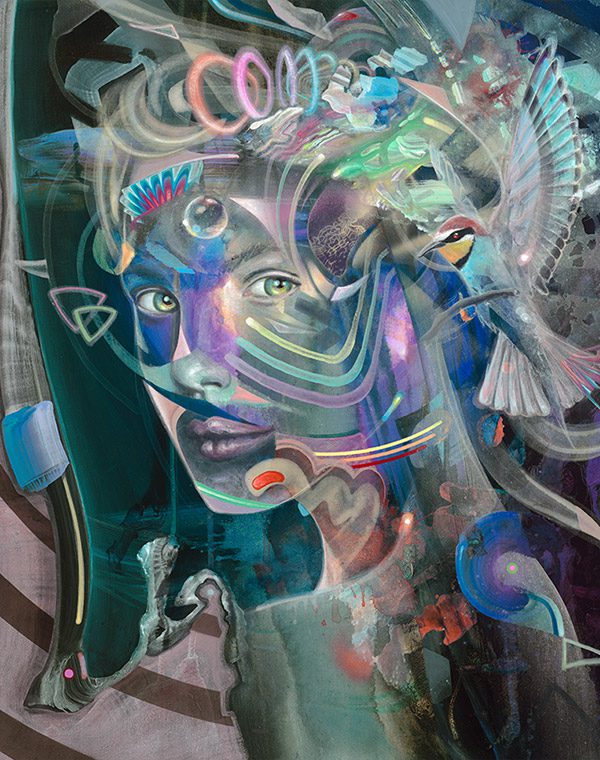 Detail shot of a psychedelic art print ayahuasca Woman with Bird. Playing in Freedom.