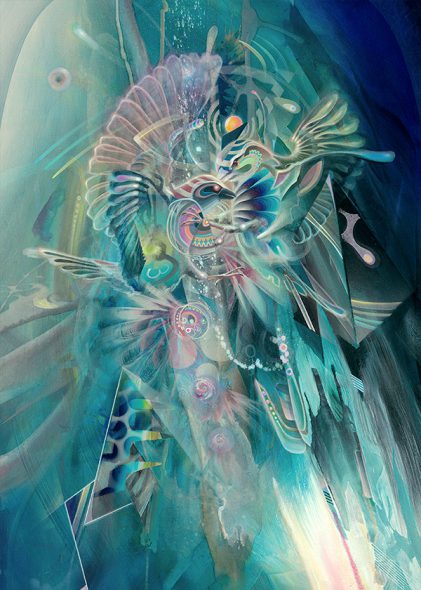 Birds fighting Visionary psychedelic art print ayahuasca psychedelische kunst kunstdruck Dennis Konstantin Bax