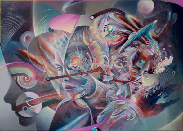 Twin sisters on a mindbending trip. Painting in the psychedelic art style of german painter Dennis Konstantin Bax. Visionary art des Hamburger Künstler. DMT Ayahuasca Abstrakte Malerei.